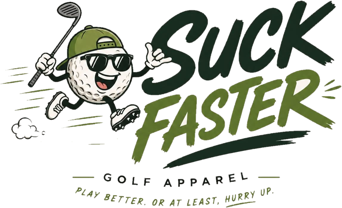 Suck Faster! Golf Apparel. A golf ball in a backwards cap and shades sprinting with a club. Play better. Or at least, hurry up.
